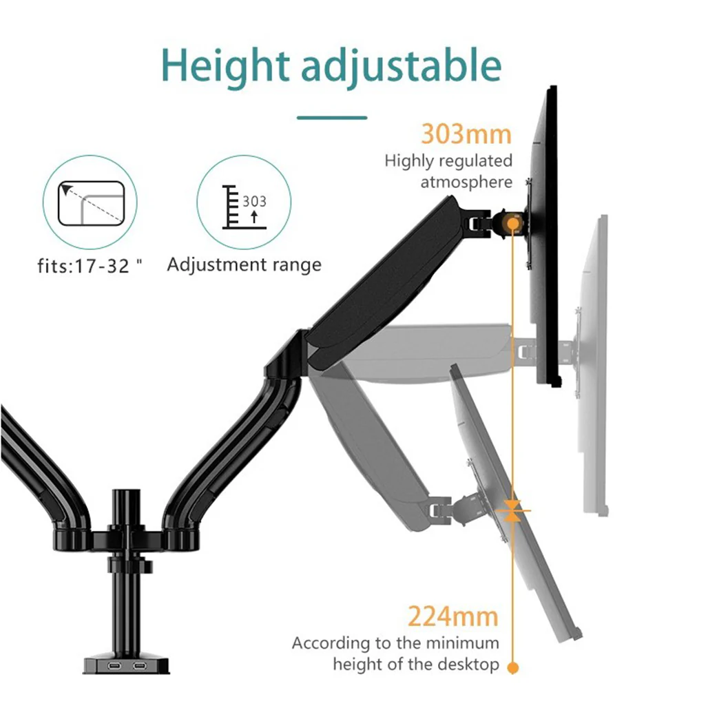 Kaloc DS902 Adjustable Dual Monitor Arm with Internal Gas Spring – Supports 17" to 32" Screens, Easy Adjustment for Comfort and Organization - Image 7
