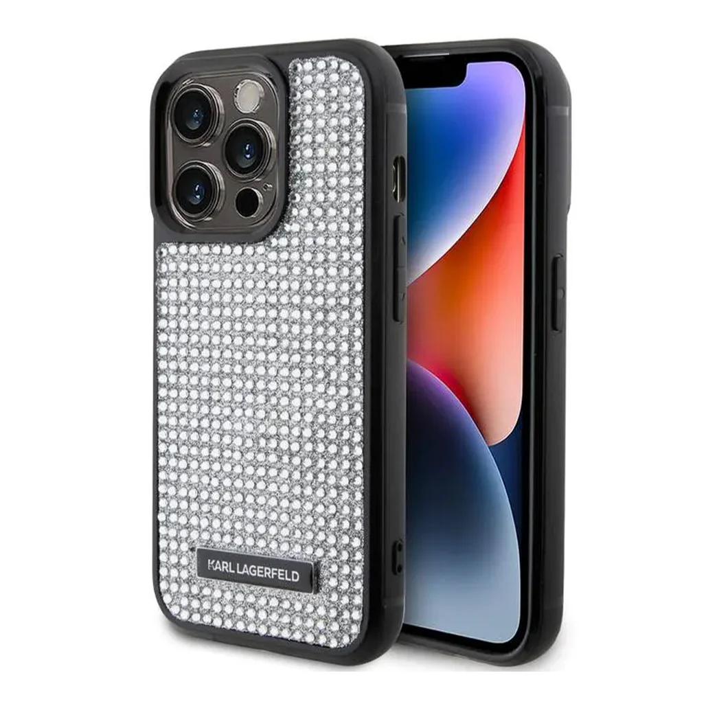 Karl Lagerfeld - Rhinestone with Logo Metal Plate Case for iPhone 15 Pro - Silver - Image 2