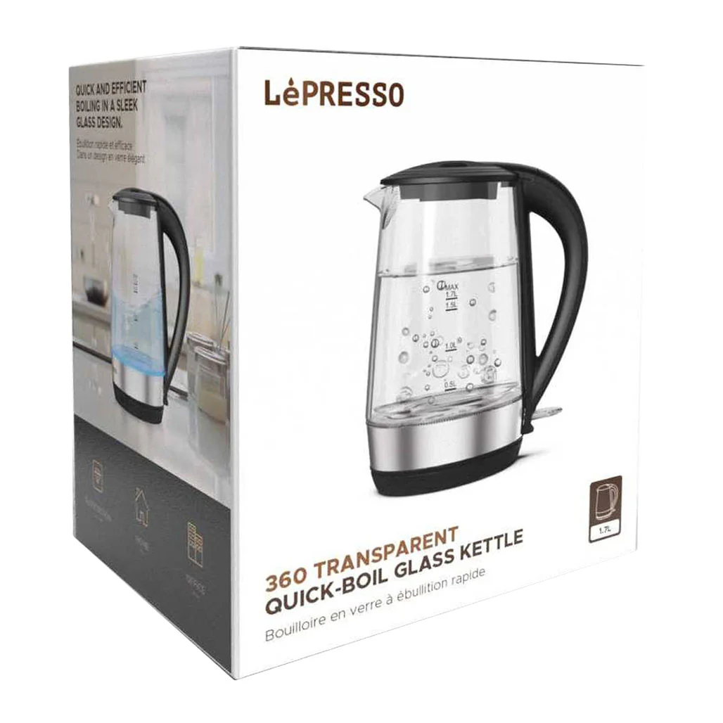 LePresso 360 Transparent Quick-Boil Glass Kettle - 1.7 Liter Capacity, 360° Rotation Base, Boil Dry Protection - Image 2