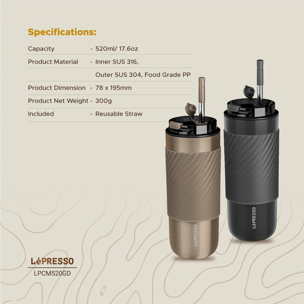 Lepresso Thermal Tumbler with Infusion Filter - 520ml Stainless Steel Insulated Bottle with Reusable Straw - Image 8