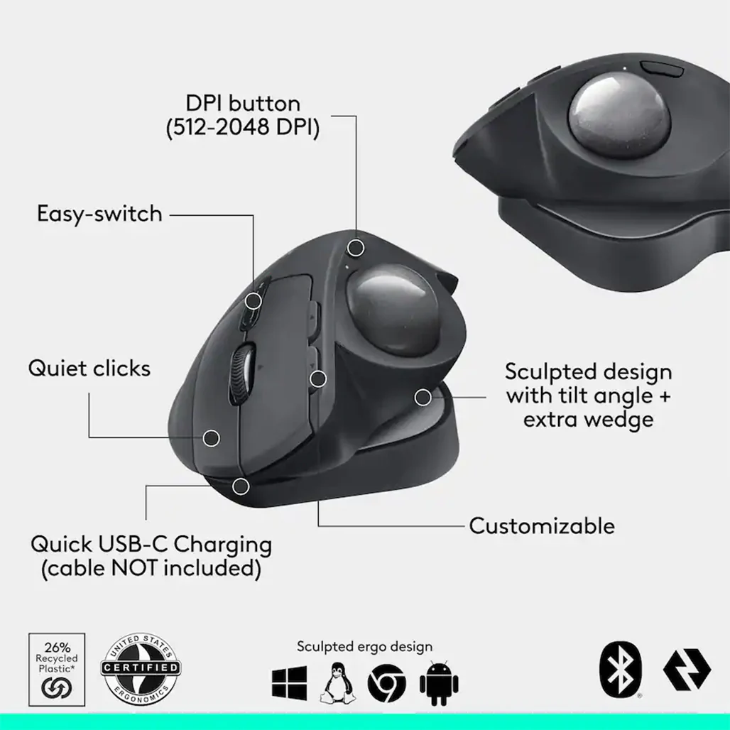 Logitech MX ERGO S PLUS Wireless Ergonomic Trackball Mouse - 910-007247 - Image 6