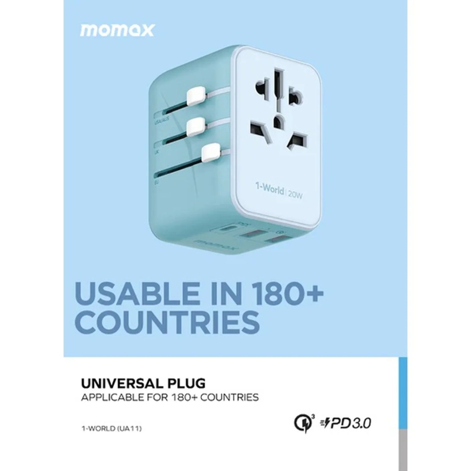 Momax 1-World 20W 3 Ports AC Travel Adapter - Versatile Charging for 150+ Countries - Image 3