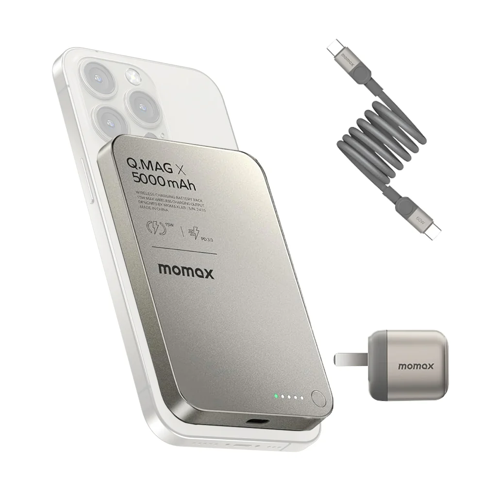 Momax Charger Ensemble – Q.Mag X 5000mAh Magnetic Wireless Battery Pack + 60W USB-C Magnetic Cable + 30W GaN Charger - Image 2