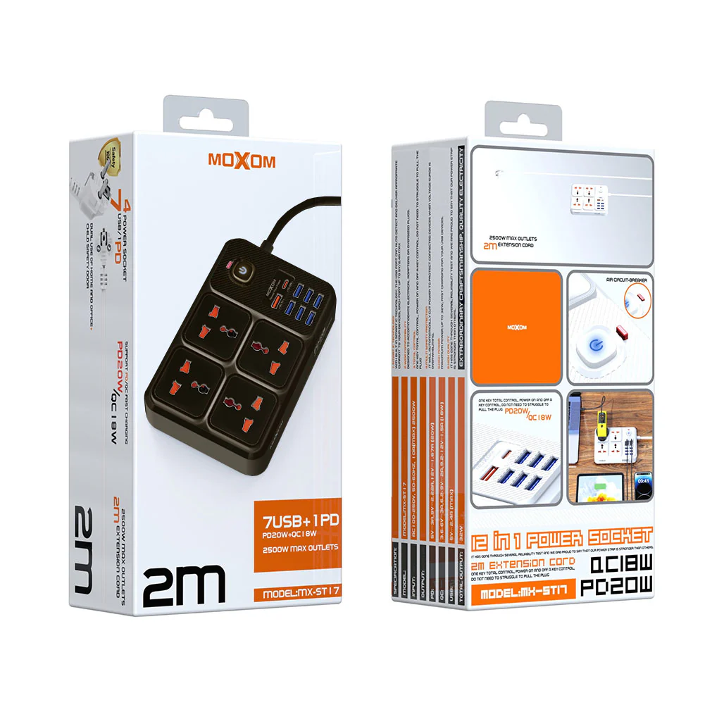 Moxom MX-ST17 EU 2 Meter Power Strip | 7 USB + 1 PD 20W, 2500W Max Outlets, 12-in-1 Multi-Function Power Hub - Image 3