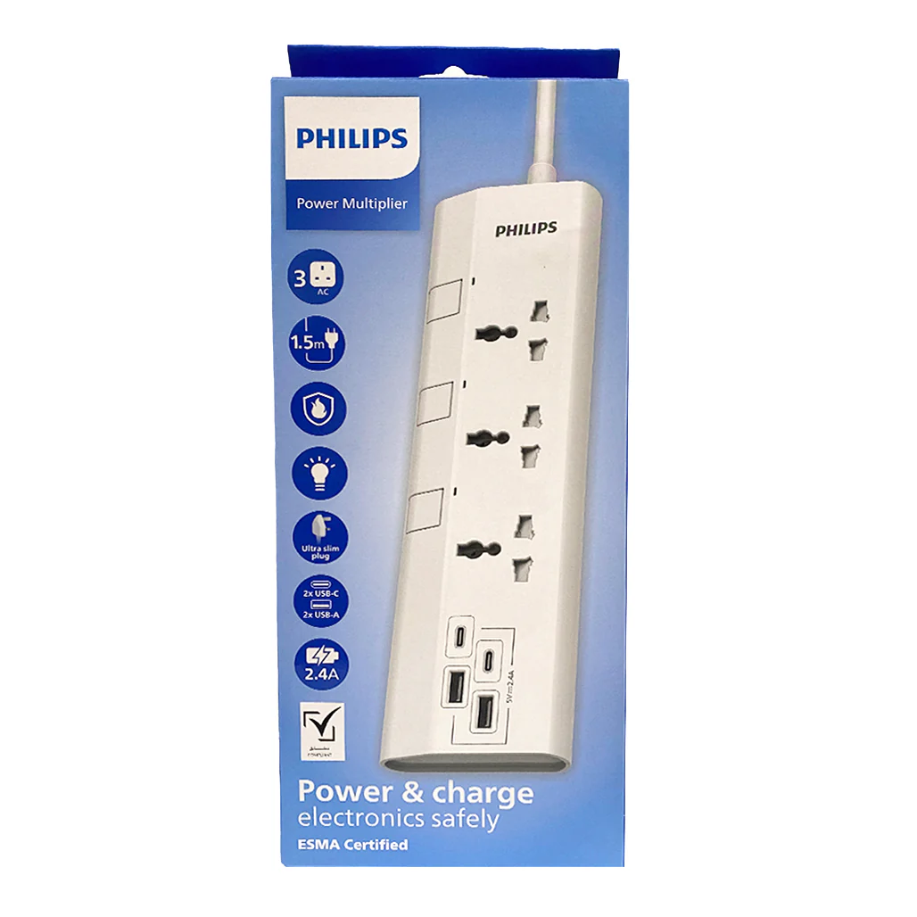 Philips 3-Way Universal Extension Cord with USB-C & USB-A Ports