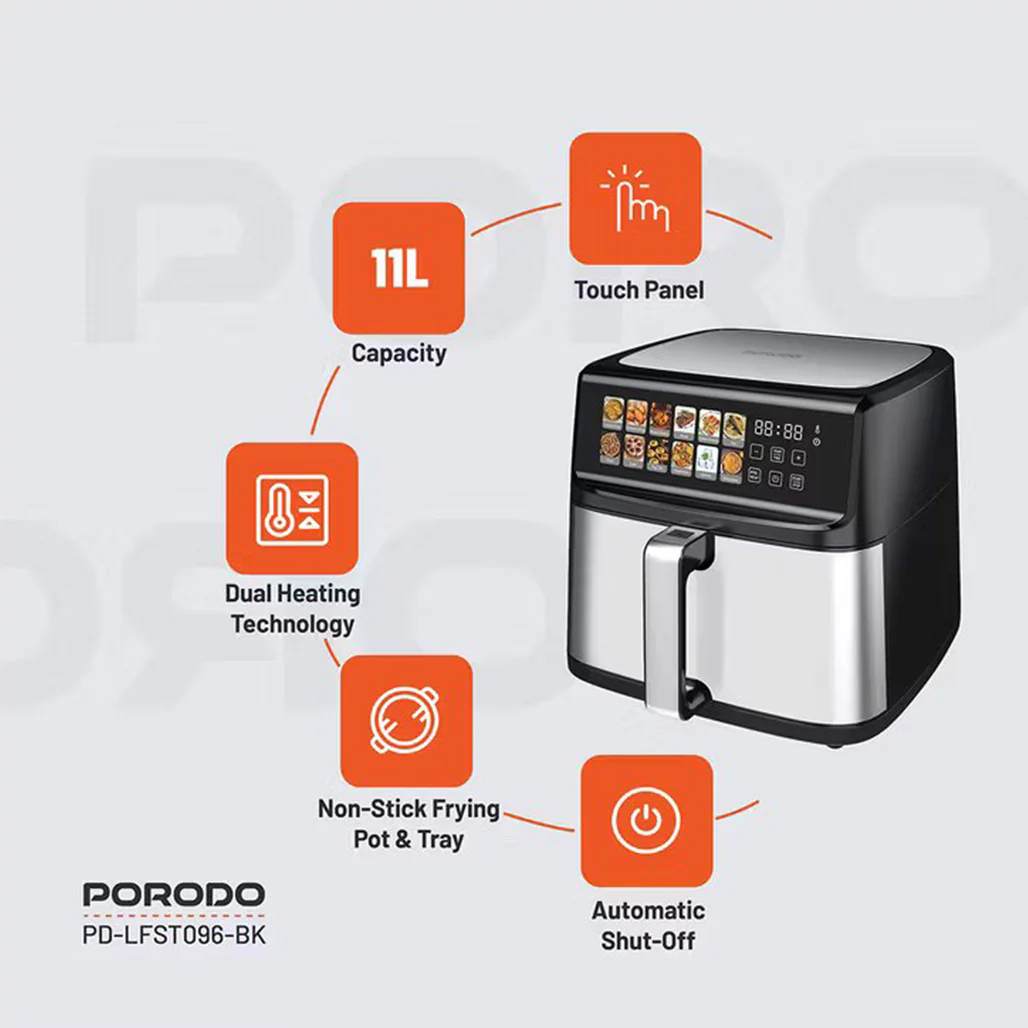 Porodo 11L Dual Mode Touch Control Air Fryer –  Black - Image 3