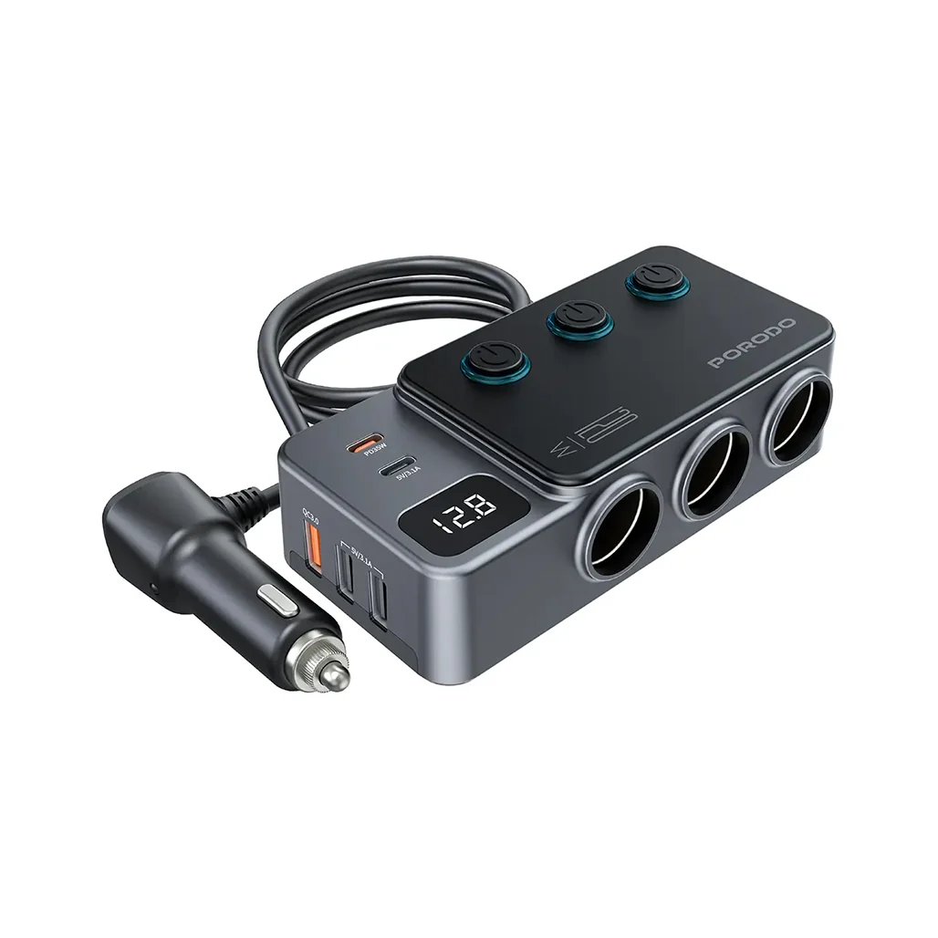 Porodo 120W Car Charger Hub Triple-Port Lighter Socket - Dark Gray