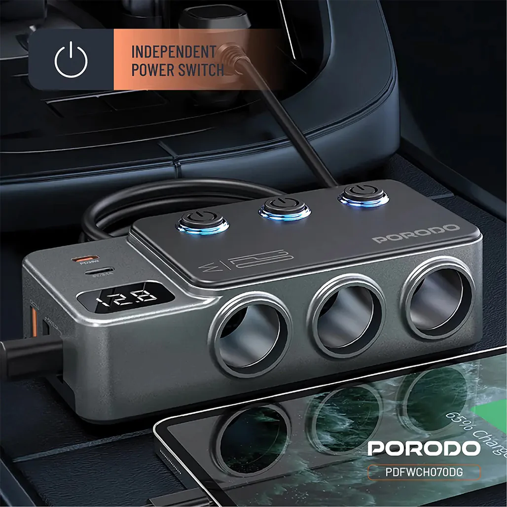 Porodo 120W Car Charger Hub Triple-Port Lighter Socket - Dark Gray - Image 10