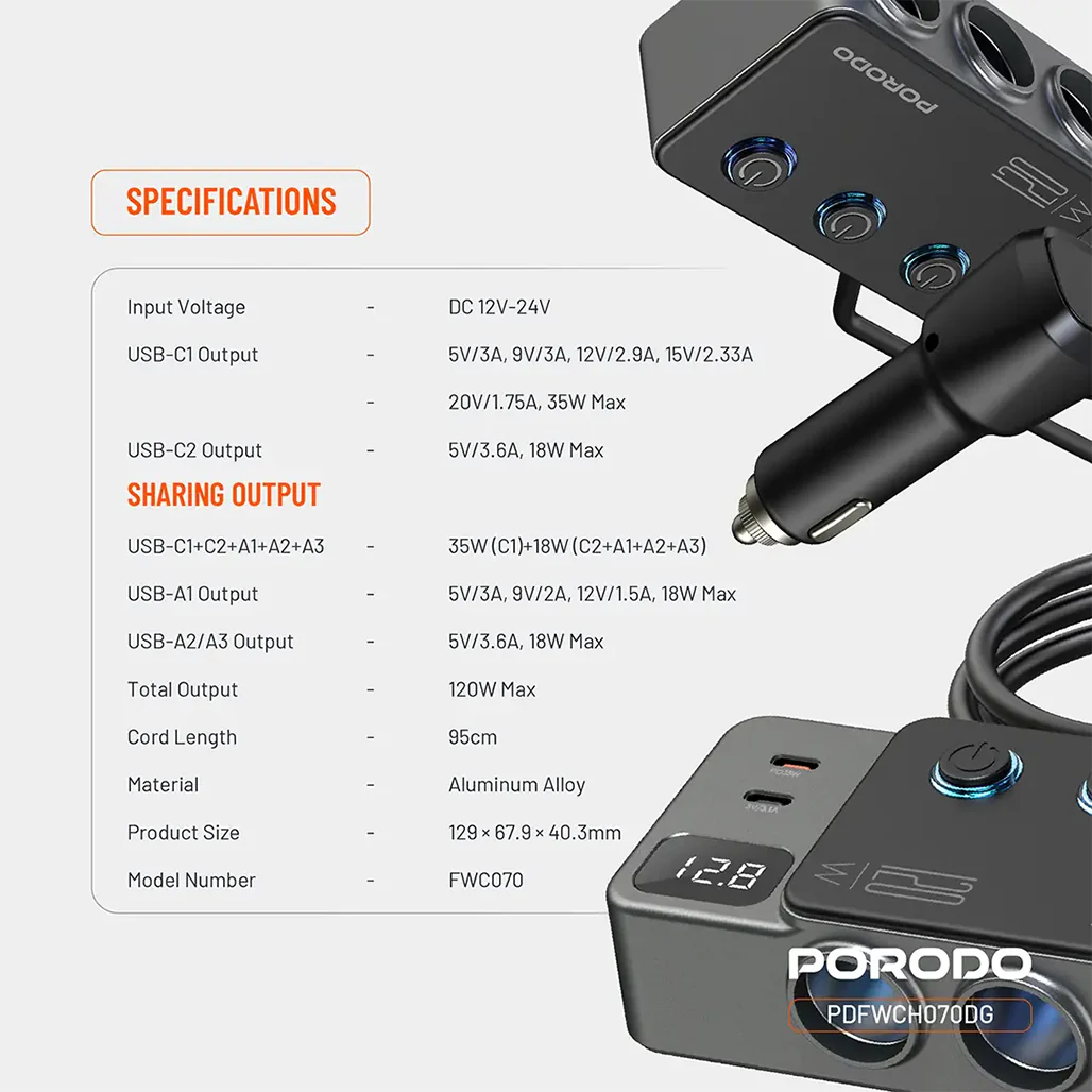 Porodo 120W Car Charger Hub Triple-Port Lighter Socket - Dark Gray - Image 2