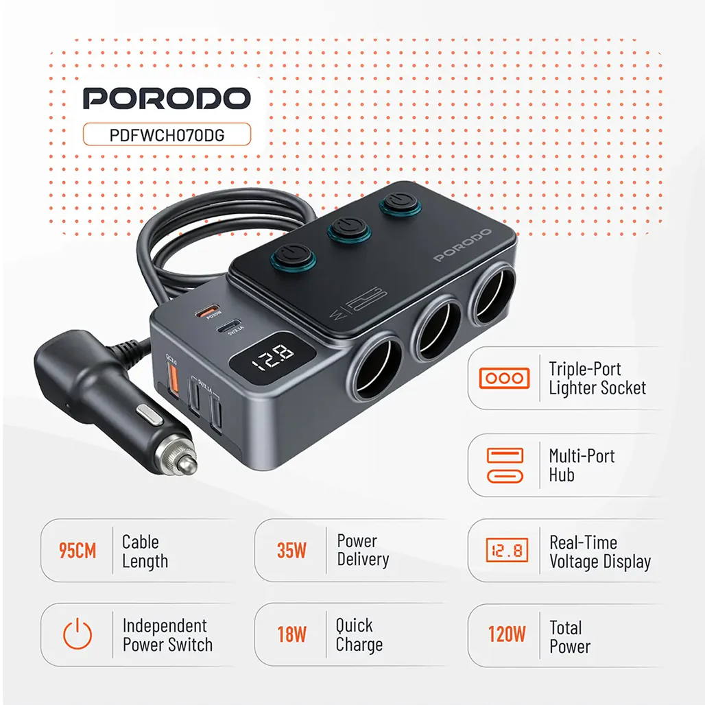 Porodo 120W Car Charger Hub Triple-Port Lighter Socket - Dark Gray - Image 3