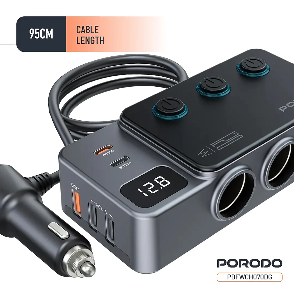 Porodo 120W Car Charger Hub Triple-Port Lighter Socket - Dark Gray - Image 4