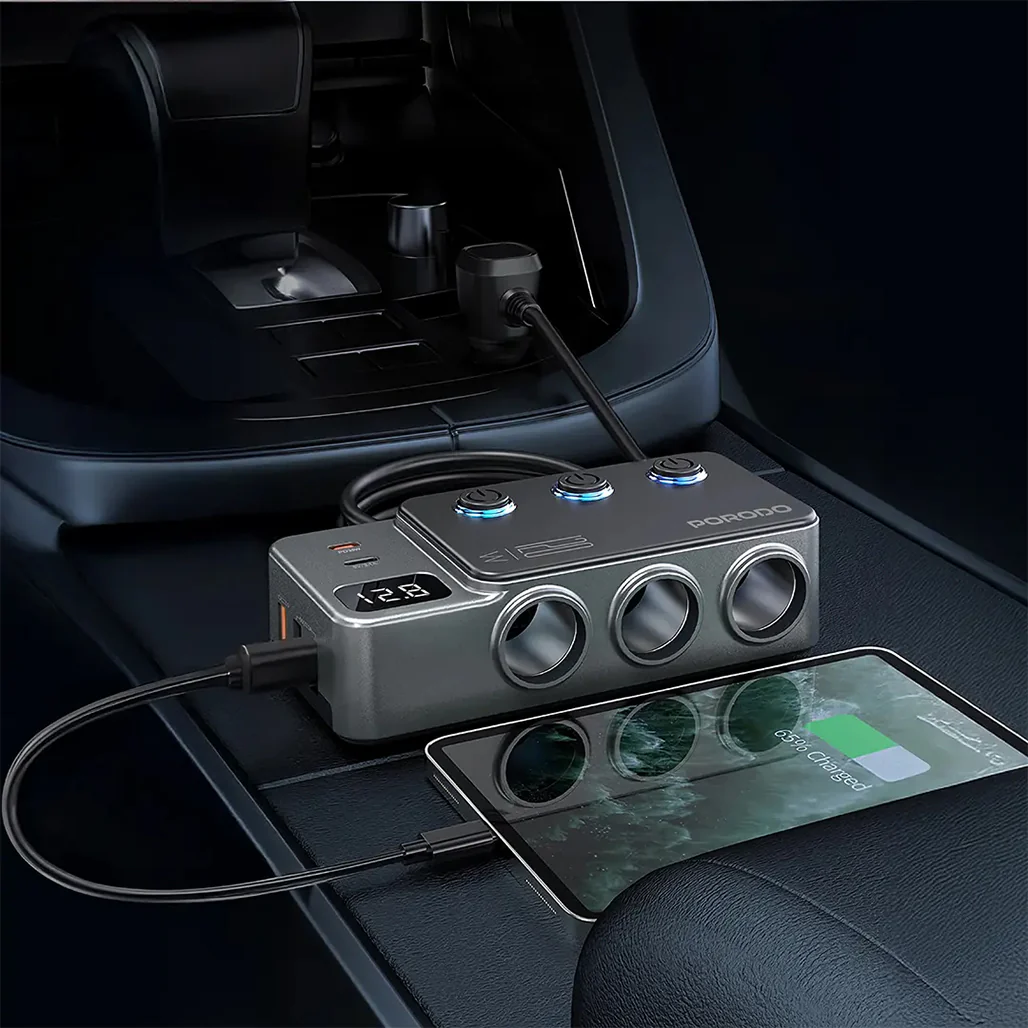 Porodo 120W Car Charger Hub Triple-Port Lighter Socket - Dark Gray - Image 5