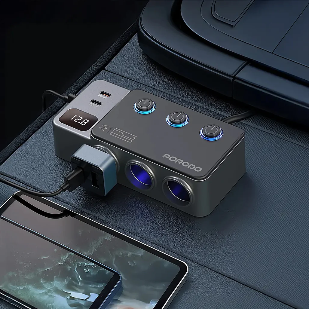 Porodo 120W Car Charger Hub Triple-Port Lighter Socket - Dark Gray - Image 6