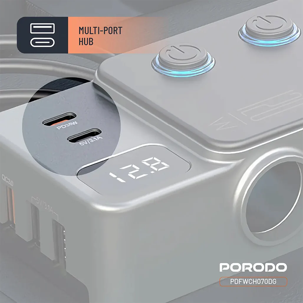 Porodo 120W Car Charger Hub Triple-Port Lighter Socket - Dark Gray - Image 7