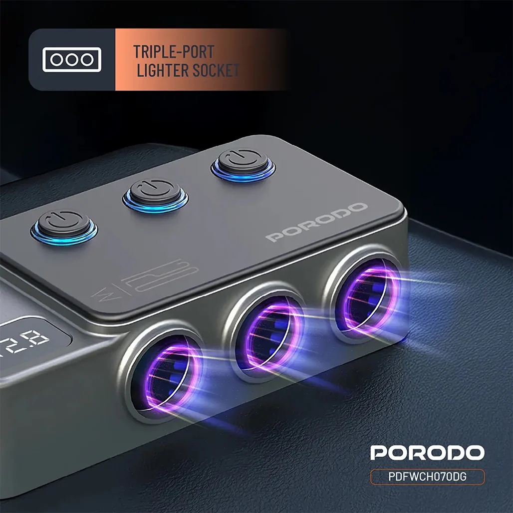 Porodo 120W Car Charger Hub Triple-Port Lighter Socket - Dark Gray - Image 9