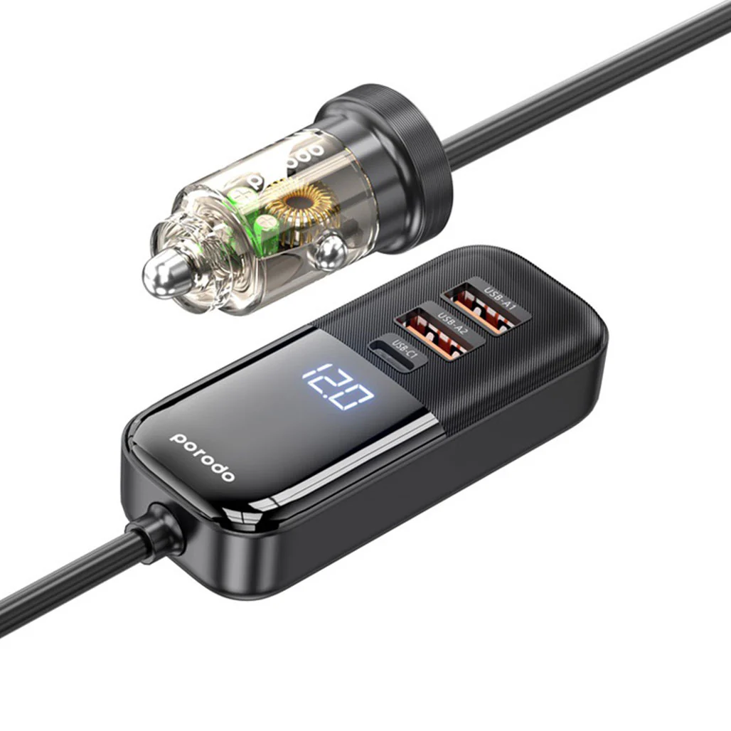 Porodo 120W Transparent Multi Port Car Charger with Rear Expansion - Black - Image 2