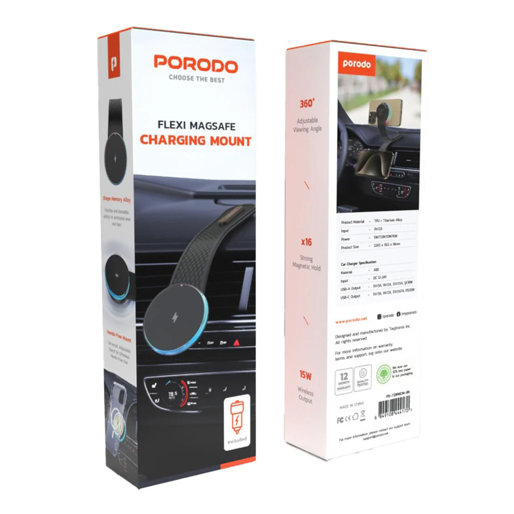 Porodo 15W Magnetic Wireless Car Mount with Dual Port Fast Charger & 1M USB-C Cable – Black - Image 4