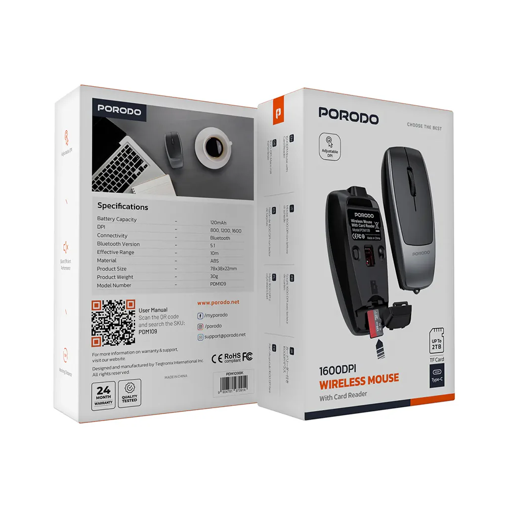 Porodo 1600DPI Wireless Mouse with Card Reader - Image 5