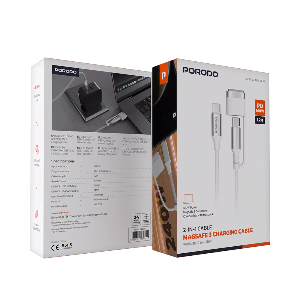 Porodo 2-In-1 Cable Magsafe 3 Charging Cable With USB-C To USB-C - PDCBL0039WH - Image 2