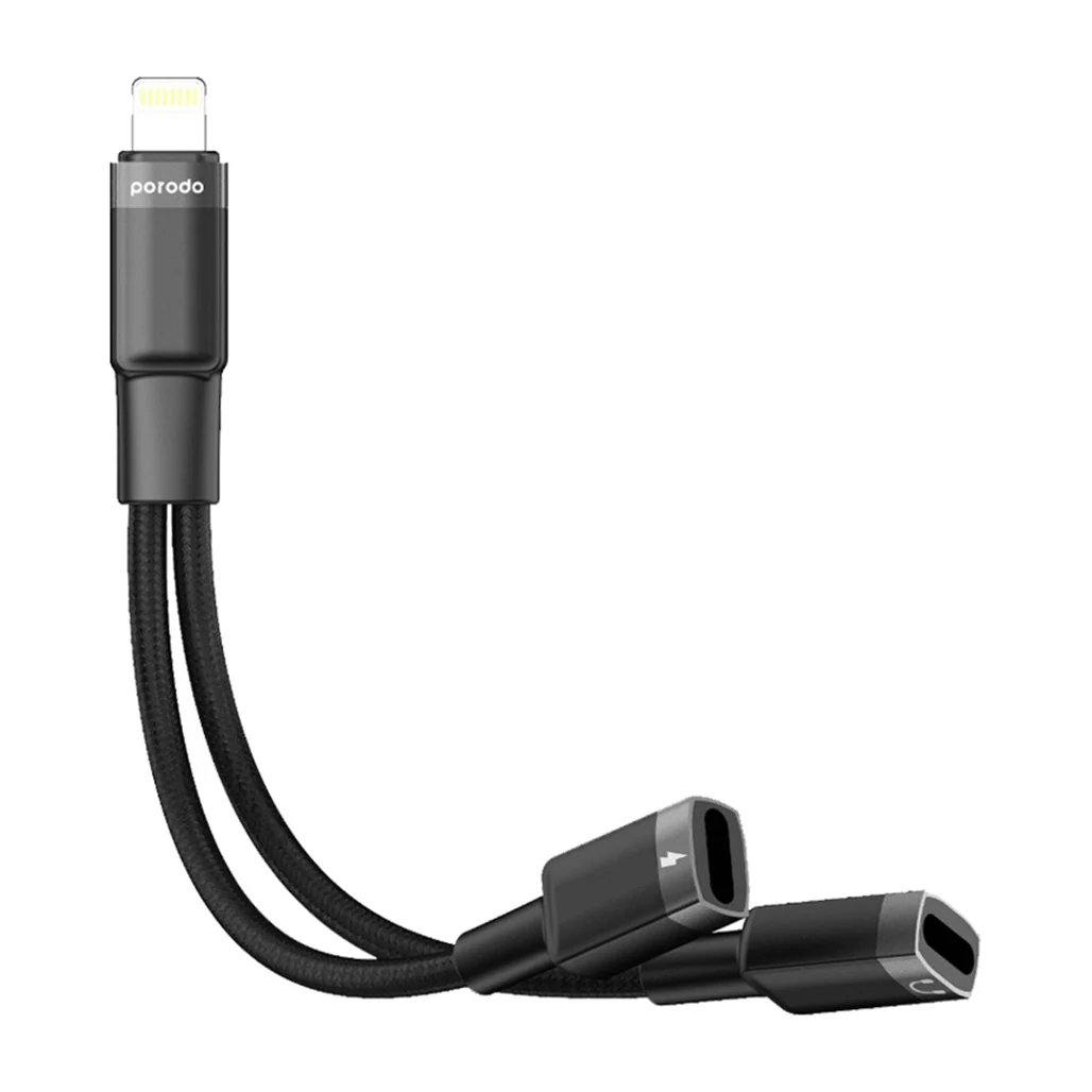 Porodo 2in1 Lightning to 2Lightning Jack Headphone and Charging Converter Adapter