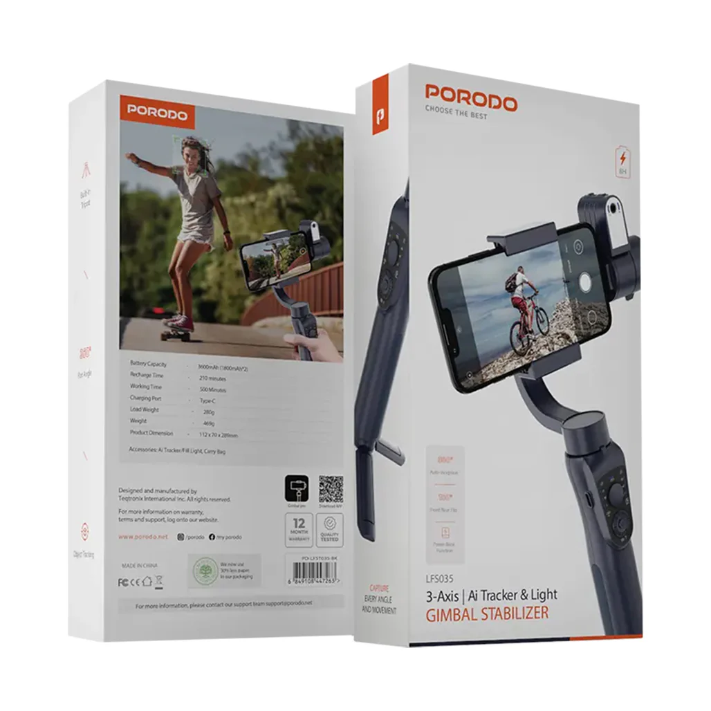 Porodo 3-Axis AI Tracker & Light Gimbal Stabilizer – Smooth Footage, Intelligent Tracking, and Power Bank Functionality - Image 3