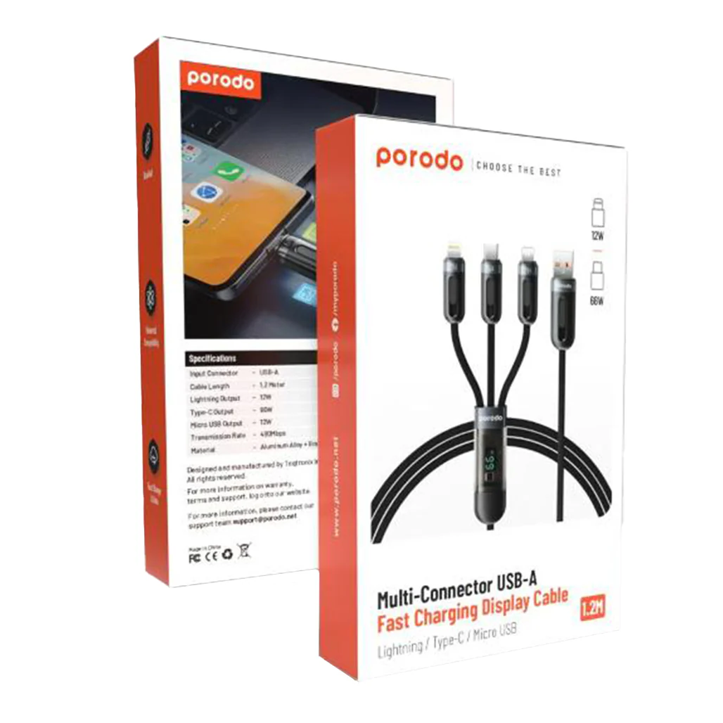 Porodo 3-IN-1 Digital-Display Fast Charging 1.2M Cable A to C+L+M - Black - Image 2