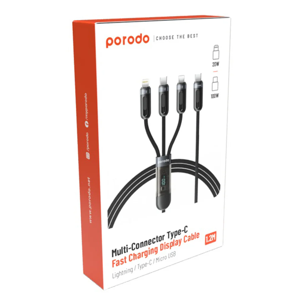 Porodo 3-IN-1 Digital-Display Fast Charging 1.2M Cable C to C+L+M - Black - Image 2