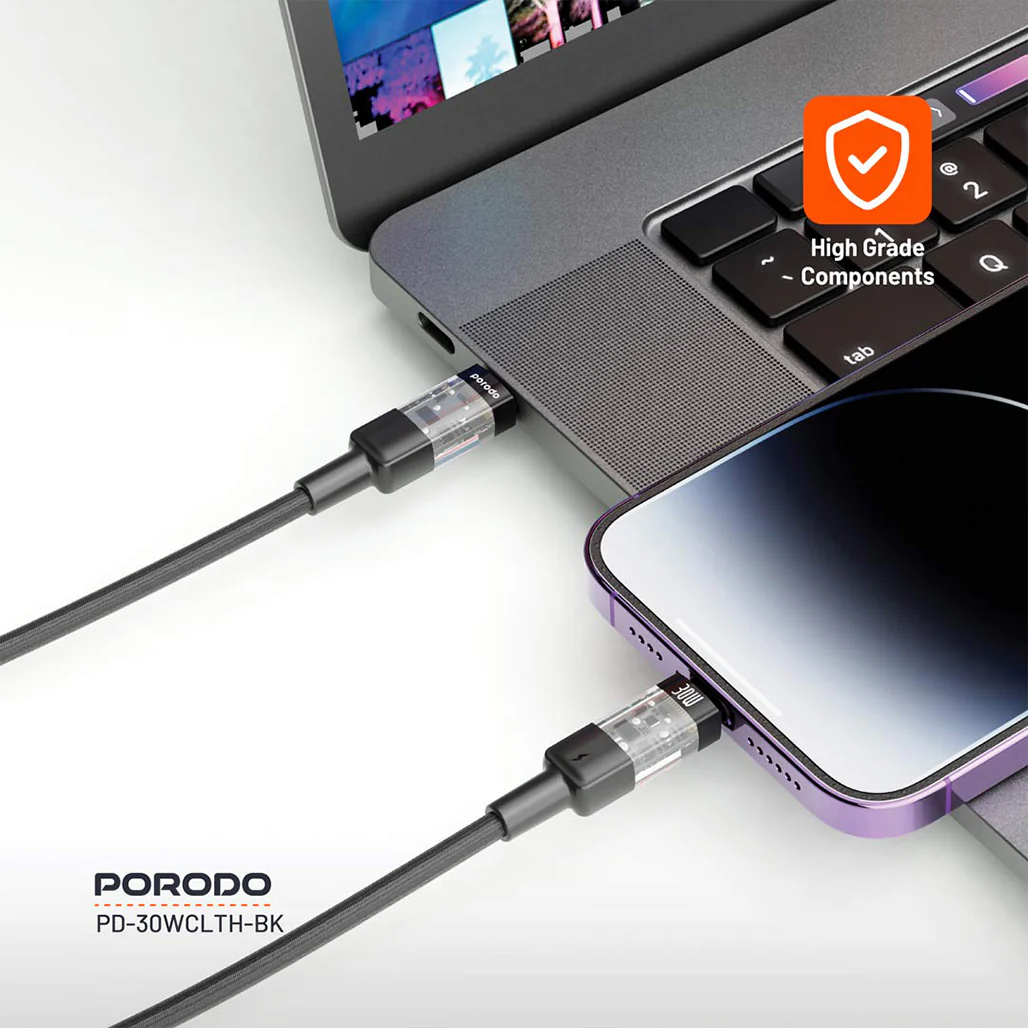 Porodo 30W PD Braided USB-C to Lightning Fast Charging Cable – Durable & Transparent Design, 1.2M - Image 2