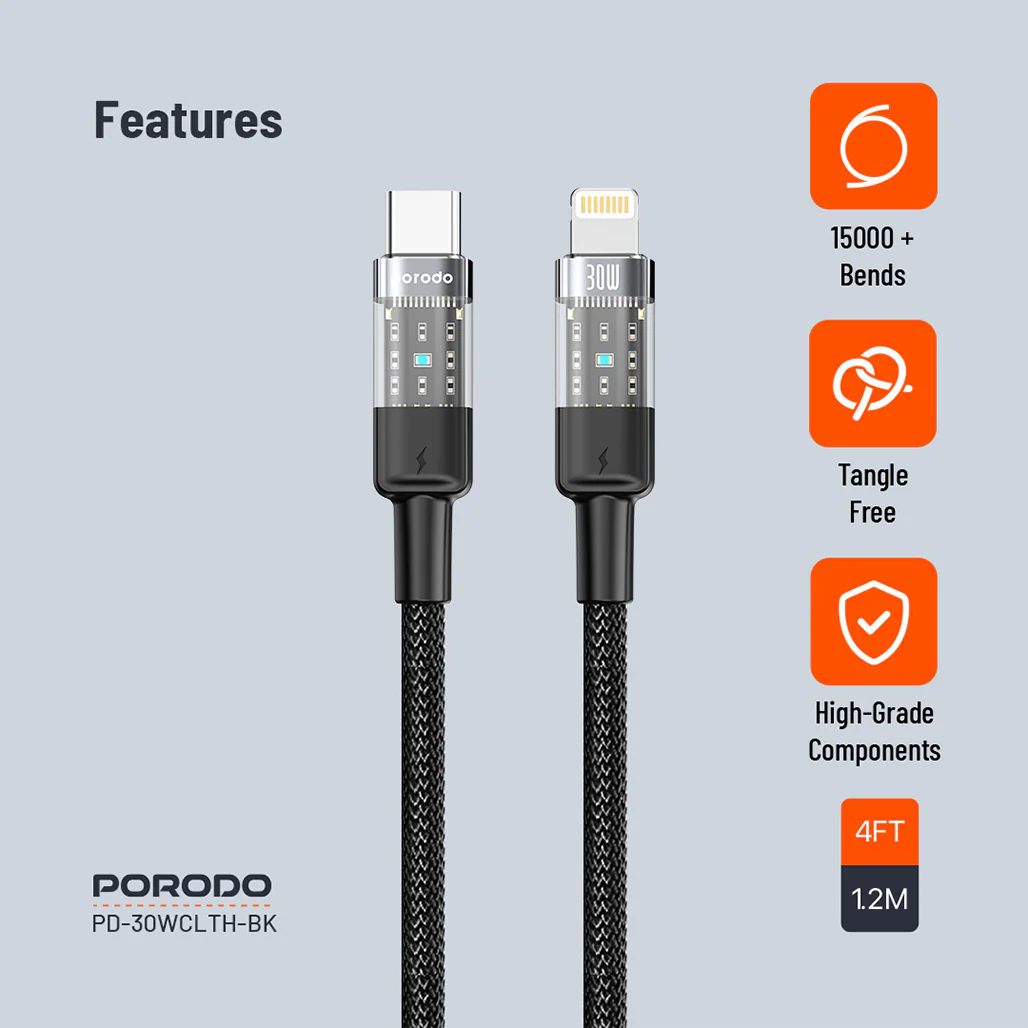 Porodo 30W PD Braided USB-C to Lightning Fast Charging Cable – Durable & Transparent Design, 1.2M - Image 3