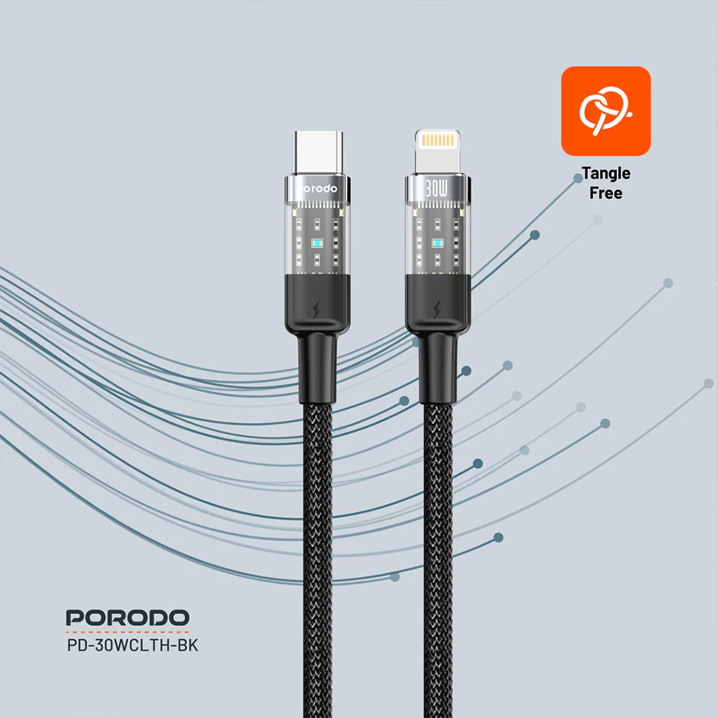 Porodo 30W PD Braided USB-C to Lightning Fast Charging Cable – Durable & Transparent Design, 1.2M - Image 5