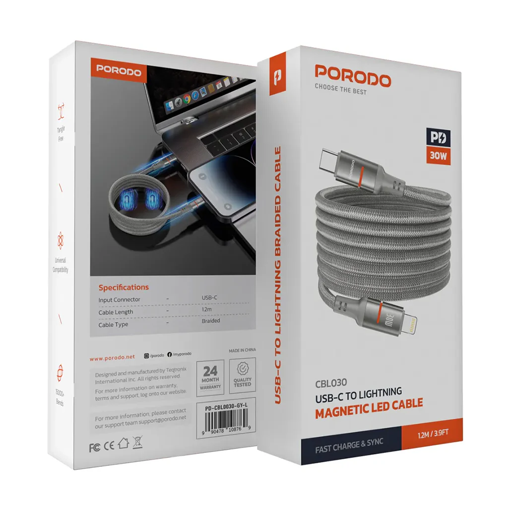 Porodo 30W Type-C to Lightning Magnetic Braided Cable 3M - Image 2