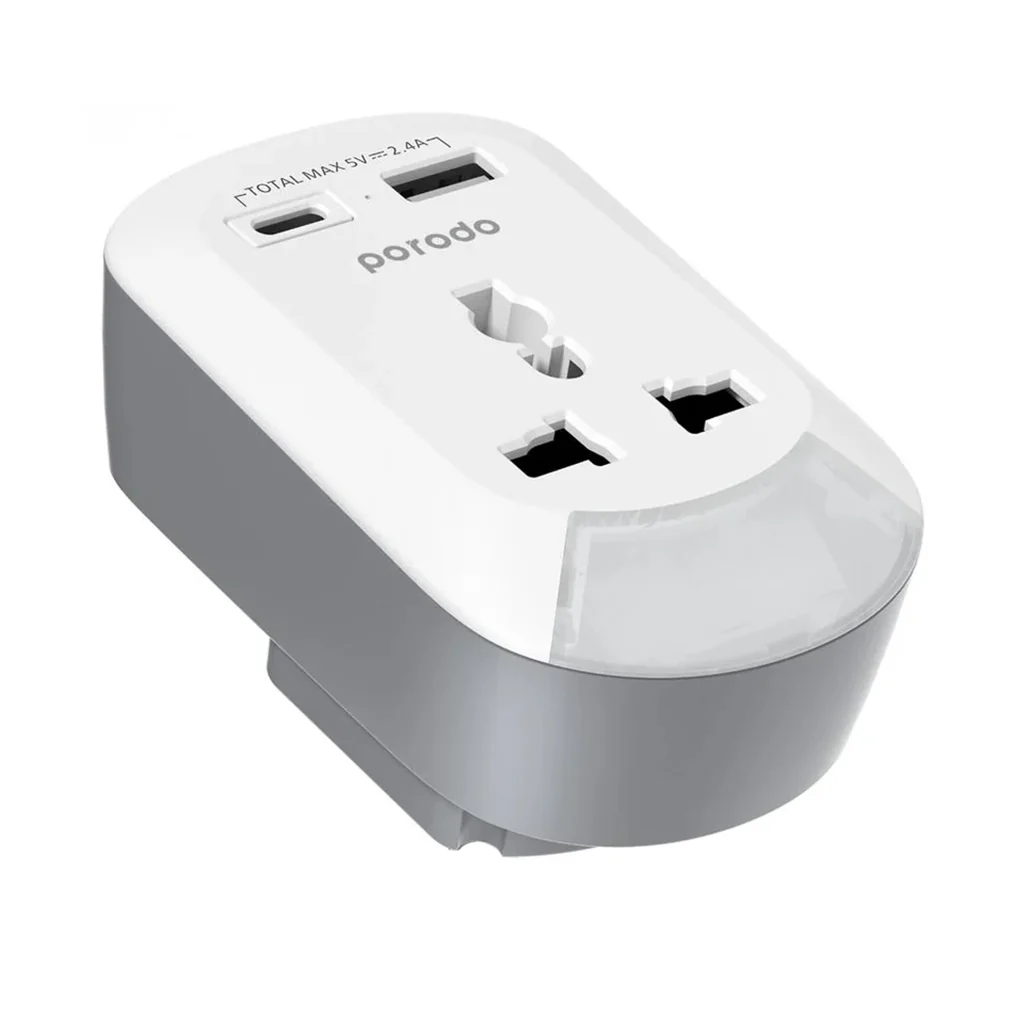 Porodo 3in1 Multi-type Socket - AC USB-A Type C EU - White - Image 2