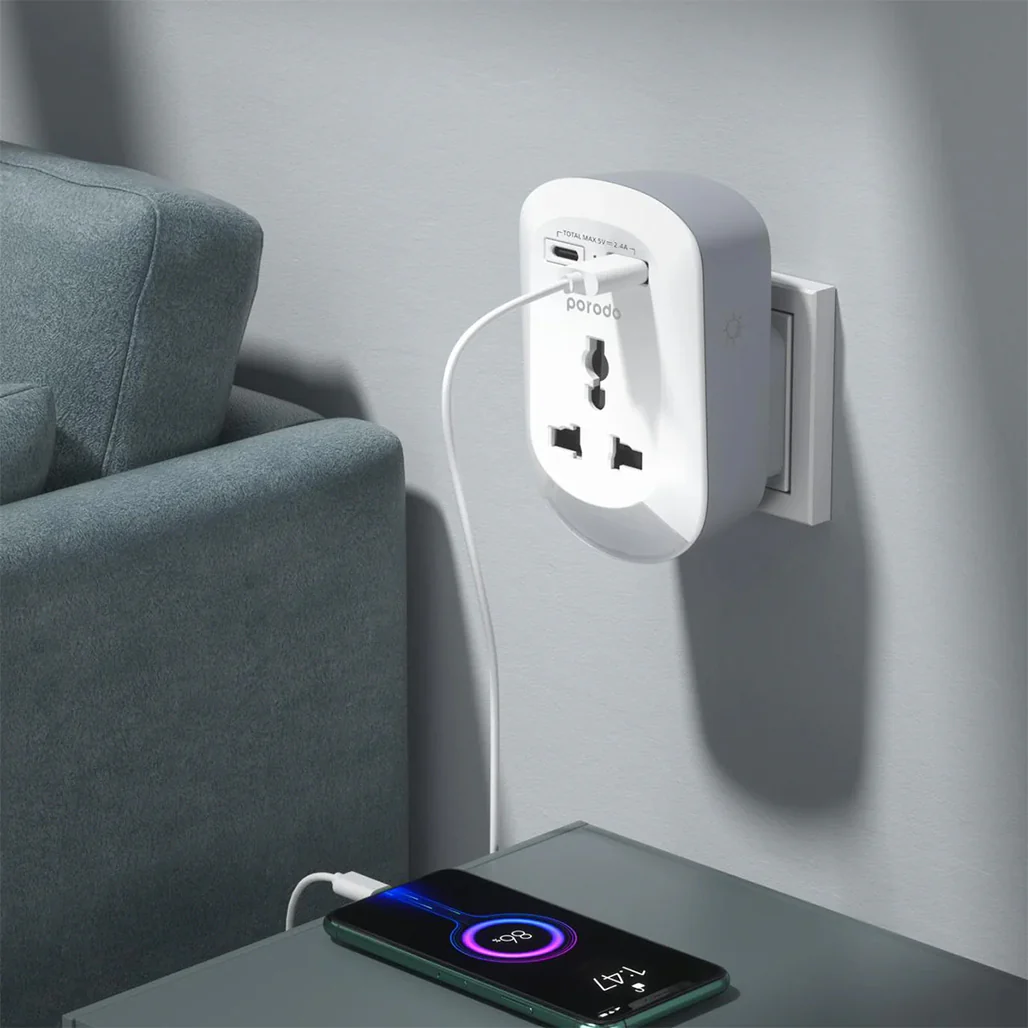 Porodo 3in1 Multi-type Socket - AC USB-A Type C EU - White - Image 3