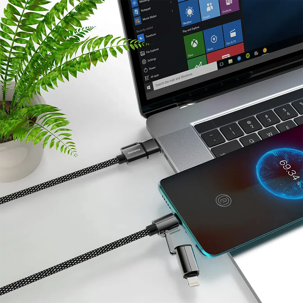 Porodo 4-in-1 Aluminum Fast Charging Cable | USB-C & USB-A to Type-C & Lightning - Black - Image 3