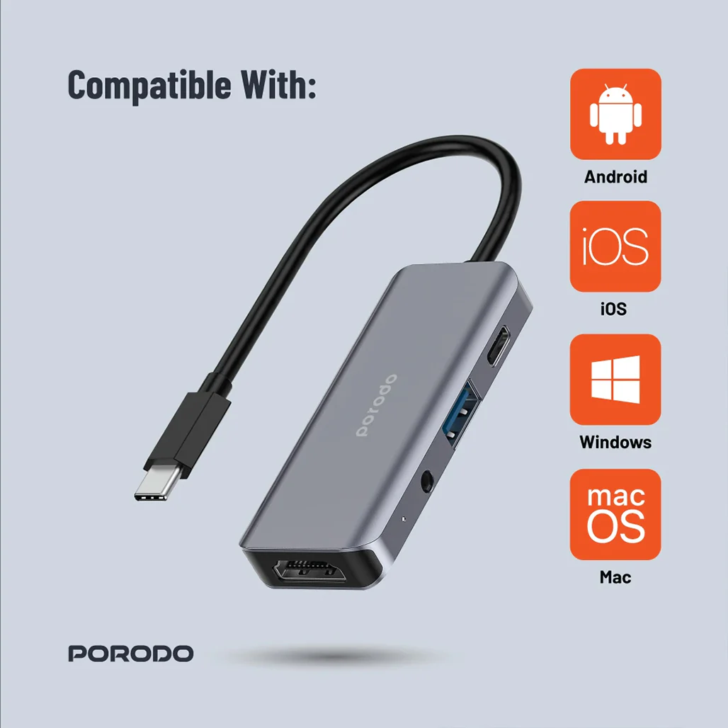 Porodo 4-in-1 USB-C Hub with 100W PD, 4K HDMI, USB 3.0 & 3.5mm Aux – Grey - Image 2