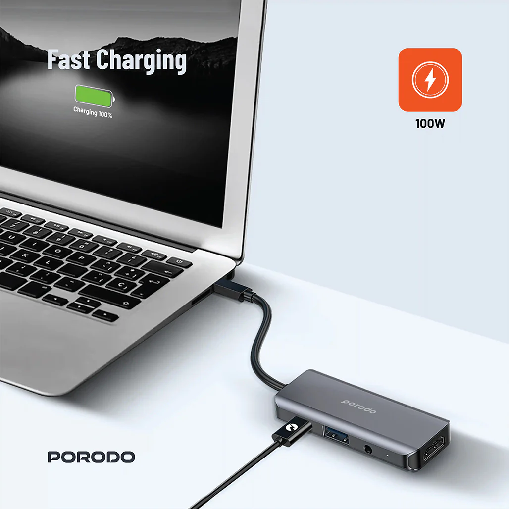 Porodo 4-in-1 USB-C Hub with 100W PD, 4K HDMI, USB 3.0 & 3.5mm Aux – Grey - Image 6