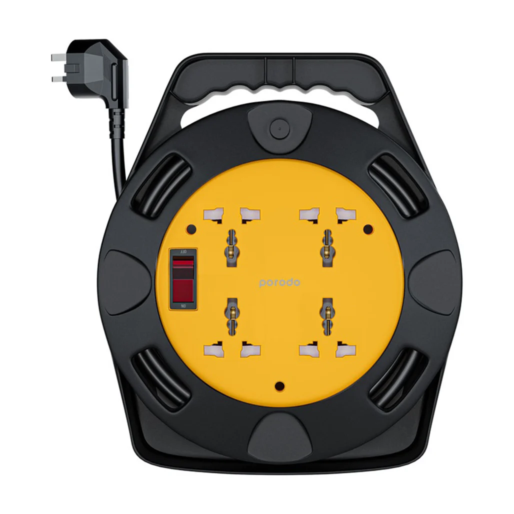 Porodo 4AC Extension Cable Reel with UK Plug (10m Wire) - Black