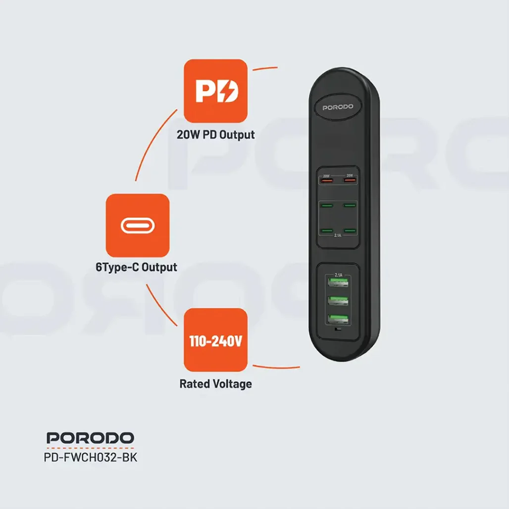 Porodo 50W Multi-Port USB Charging Hub - 9-Port Fast Charger with 2 PD 20W Outputs - Universal 110-240V - Compact Black Charger for Home & Office - Image 3