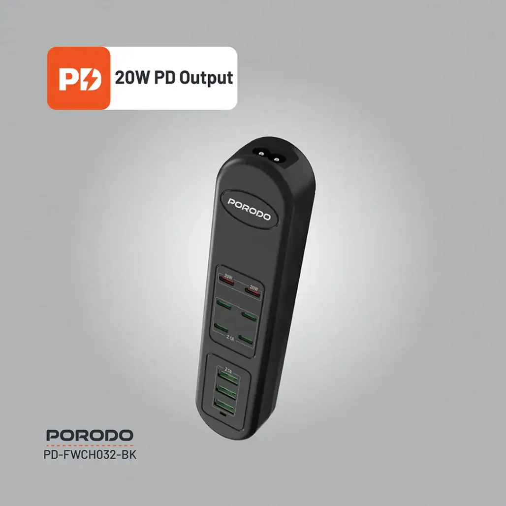 Porodo 50W Multi-Port USB Charging Hub - 9-Port Fast Charger with 2 PD 20W Outputs - Universal 110-240V - Compact Black Charger for Home & Office - Image 4