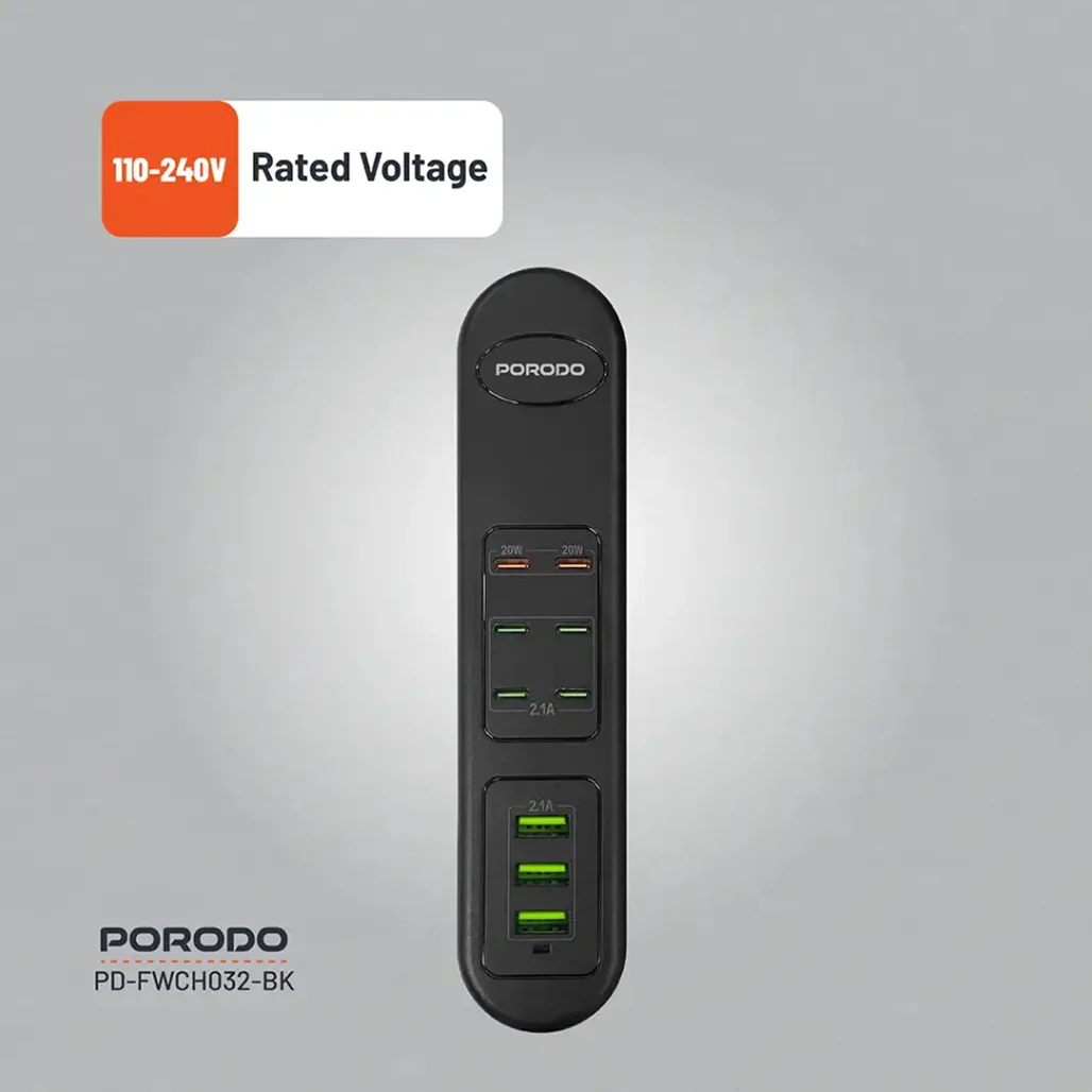 Porodo 50W Multi-Port USB Charging Hub - 9-Port Fast Charger with 2 PD 20W Outputs - Universal 110-240V - Compact Black Charger for Home & Office - Image 5
