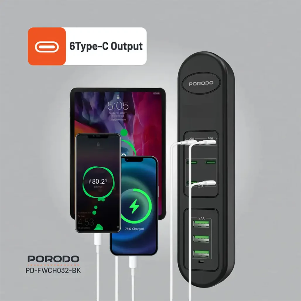 Porodo 50W Multi-Port USB Charging Hub - 9-Port Fast Charger with 2 PD 20W Outputs - Universal 110-240V - Compact Black Charger for Home & Office - Image 6