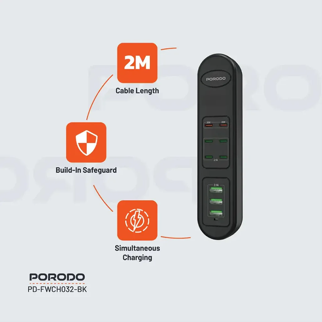 Porodo 50W Multi-Port USB Charging Hub - 9-Port Fast Charger with 2 PD 20W Outputs - Universal 110-240V - Compact Black Charger for Home & Office - Image 7