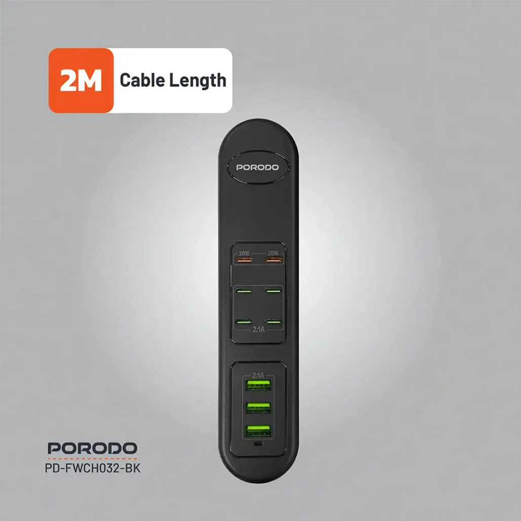 Porodo 50W Multi-Port USB Charging Hub - 9-Port Fast Charger with 2 PD 20W Outputs - Universal 110-240V - Compact Black Charger for Home & Office - Image 8