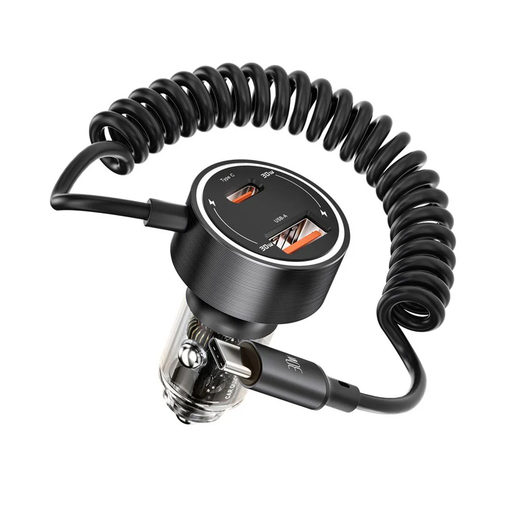 Porodo 60W Transparent Dual Port Car Charger PD 30W QC 18W with Coil- Black - Image 3