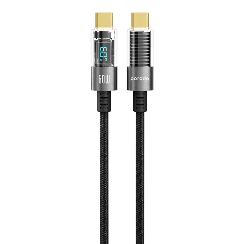 Porodo 60W USB-C to USB-C Braided Charging Cable with Power Display – 1.2M, Black | Fast Charging & Data Transfer
