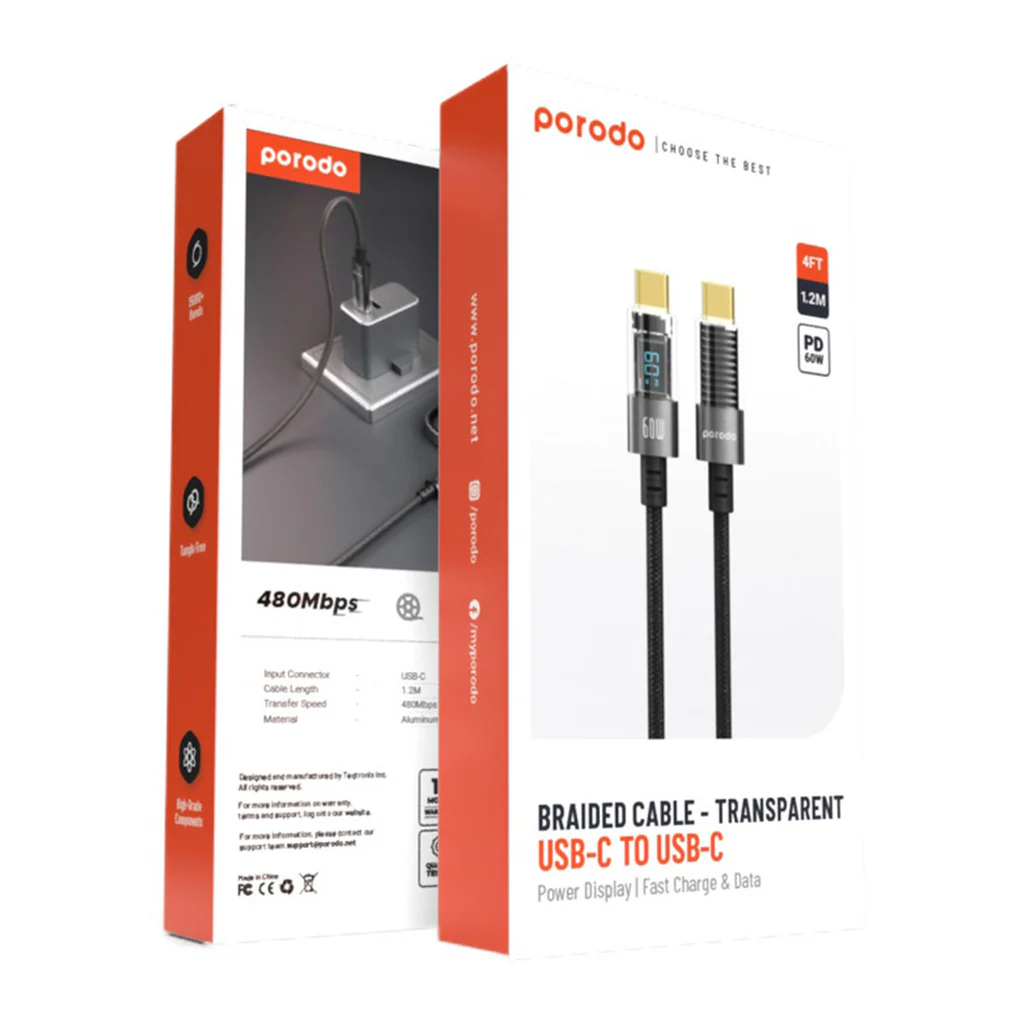 Porodo 60W USB-C to USB-C Braided Charging Cable with Power Display – 1.2M, Black | Fast Charging & Data Transfer - Image 2