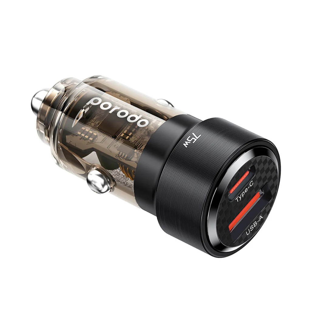 Porodo 75W Transparent Dual Port Car Charger PD 45W QC 30W - Black - Image 2