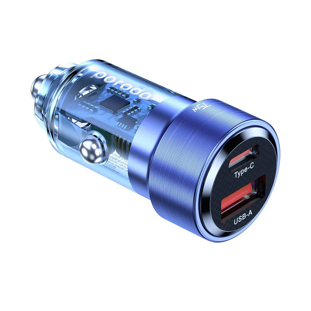Porodo 75W Transparent Dual Port Car Charger PD 45W QC 30W - Blue - Image 2