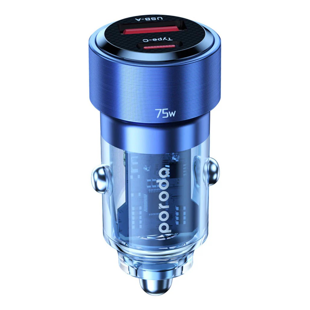 Porodo 75W Transparent Dual Port Car Charger PD 45W QC 30W - Blue - Image 3