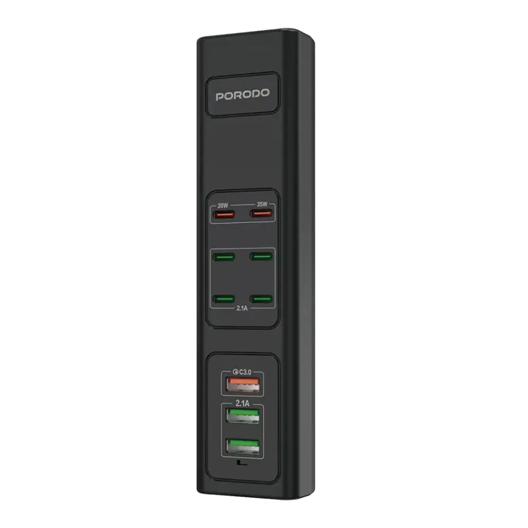 Porodo 85W Multi-Port USB Charging Hub - Fast Charging with 9 Ports, UK Plug, and 2M Cable